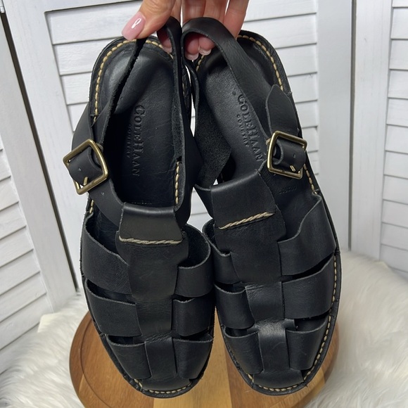 VINTAGE COLE HAAN l Mens Black Leather Closed Toe Brass Buckle Sandal Size 12 - Picture 1 of 10